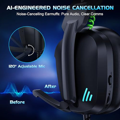 Vakedy Wired Gaming Headset for Xbox,PS5,PS4,PC,Switch, RGB 50mm Drivers | Foldable lightweight frame, plush memory foam cushions, clear chat, quick mute/volume wheel and USB-powered RGB glow - color: Phantom Black