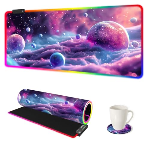 ARTSO Large RGB Gaming Mouse Pad, Led Big Mouse mat with 14 Light Modes, Extended Soft Computer Keyboard Mat Non-Slip Rubber Base, Colorful Purple Ball - color: Colorful Purple Ball