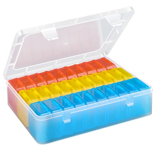Mathtoxyz Bead Organizer Box(Red,Yellow,Blue), 62Pcs Small Bead Organizers and Storage Plastic Cases Mini Clear Containers Boxes with Hinged Lid and Rectangle for Bracelet Making DIY Jewelry Craft - size: BlueRedYellow - 2P