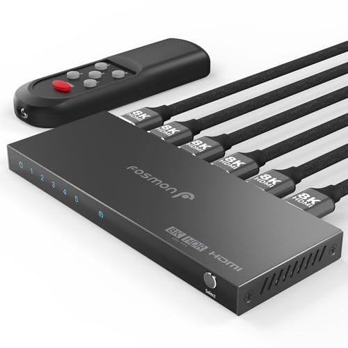 Fosmon 5-Port HDMI 8K Switch with Remote, Support 8K@60Hz 4K@120Hz HDR10+ HDCP 2.3 High Speed 48Gbps 5 in 1 Out Auto-Switching 5x1 HDMI 2.1 Switcher Splitter Hub Compatible with PS5, Xbox X, Apple TV - style: 8K HDMI Switch 5 In 1 Out