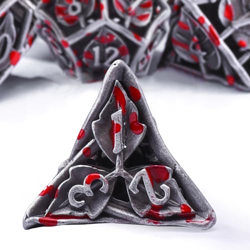 AUSTOR Metal DND Dice Set 7 Pieces Leaf DND Dice Hollow Polyhedral Dice D20 D12 D10 D% D8 D6 D4 Metal Dice with Metal Box for Dungeons & Dragons RPG Board Games (Tin & Blood) - color: Antique Tin & Blood Spattered