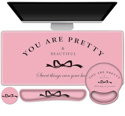 Gaming Mouse Pad, Large Desk Mat, 4in1 XXL Mousepad Cute Desk Pad Protector | Keyboard Wrist Rest+Mouse Wrist Rest+Coaster Set with Ergonomic Desk Pad for Home Office Table Computer, Pink Pretty Bow - color: Pink Pretty Bow