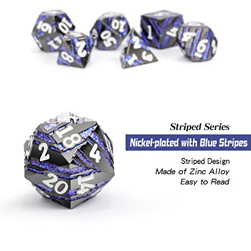 Dice Set D&D,DNDND Metallic Stripes Dice with Gift Case for Dungeons and Dragons DND (Nickel-Plated with Blue Stripes) - color: Stripe Blue