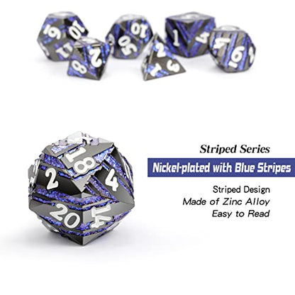 Dice Set D&D,DNDND Metallic Stripes Dice with Gift Case for Dungeons and Dragons DND (Nickel-Plated with Blue Stripes) - color: Stripe Blue