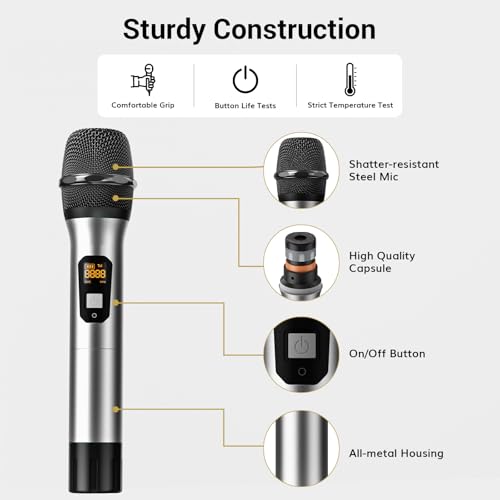 TONOR Wireless Microphones System, 4x10 Channel UHF Wireless Mic, 4 Handheld Adjustable Frequency Metal Cordless Dynamic Mic, Multiset Operation, 90 m Ideal for Karaoke Singing Wedding Church, Silver - style: 4 Mics