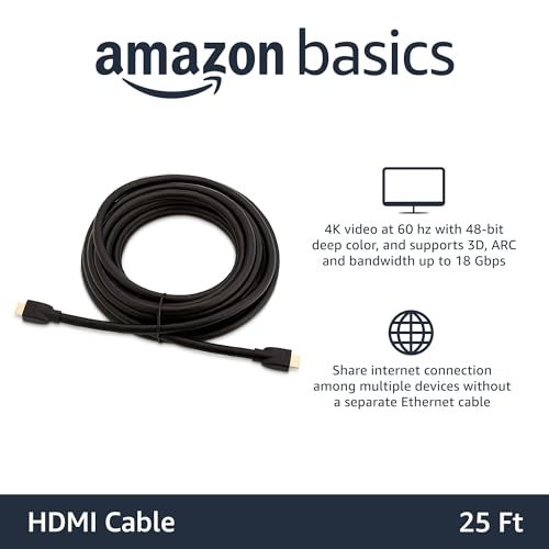 Amazon Basics HDMI 2.0 Cable with Ethernet, 25ft, 4K@60Hz, High-Speed (18Gbps), 2160p, 48 bit, Compatible with TV/PS5/Xbox/Roku/Blu-ray, Black - size: 25 Feet, style: 1-Pack