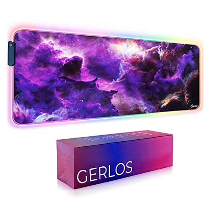 Gerlos RGB Gaming Mouse Pad, Large LED Desk Mat, 31.5 x 11.8 Inch | 12 light modes, non-slip base, water-resistant surface, stitched edges - color: Purple