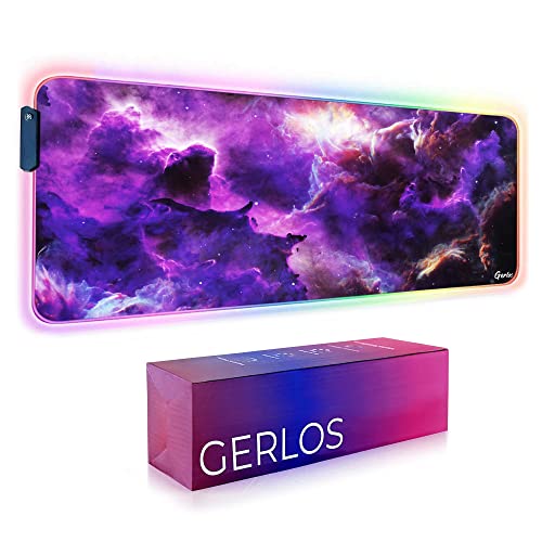 Gerlos RGB Gaming Mouse Pad, Large LED Desk Mat, 31.5 x 11.8 Inch | 12 light modes, non-slip base, water-resistant surface, stitched edges - color: Purple