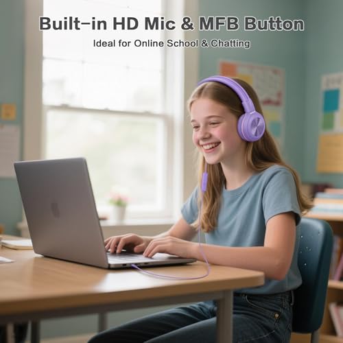 SIMOLIO Manyshare Series- Wired Headphones for Kids, Girls School Headphone with Microphone & Share Port & Volume Limit, Foldable Durable Over Ear Headsets for Tablet Travel Airplane Teens (Purple) - color: Lavender 3.5mm