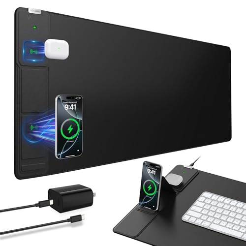 Wireless Charging Mouse Pad with Foldable Phone Holder, 31.5"x15.8", Black | Extended Desk Mat for Laptop/Keyboard, Waterproof Ultra-Smooth Surface, Non-Slip Base & 20W PD Adapter - color: Black-Phone Holder-31.5"x15.8"(with Wall Charger)