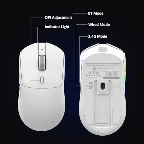 AJAZZ AJ139 V2 MC Wireless Gaming Mouse with RGB Charging Dock, 66g Ultra-Lightweight Tri-Mode Optical Mouse, 12000 DPI PAW3311 Sensor, Ergonomic Rechargeable Gaming Mouse for PC/Mac - White - color: White