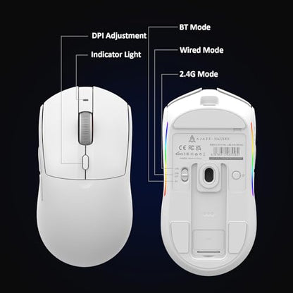 AJAZZ AJ139 V2 MC Wireless Gaming Mouse with RGB Charging Dock, 66g Ultra-Lightweight Tri-Mode Optical Mouse, 12000 DPI PAW3311 Sensor, Ergonomic Rechargeable Gaming Mouse for PC/Mac - White - color: White