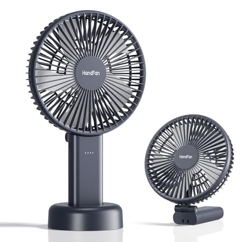 HandFan Quiet 6 Inch Handheld Fan [34H Max Cooling Time], 6 Speed Rechargeable Personal fan and Desktop with Base, 180° Foldable for Travel Concerts Makeup Office (Grey) - color: grey