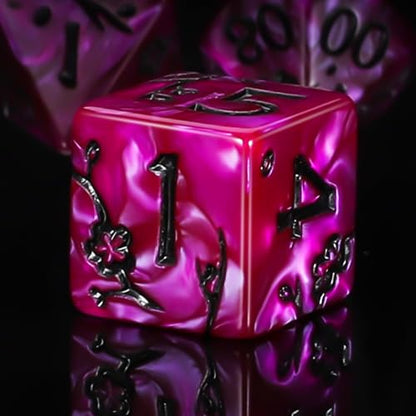 CiaraQ 7pcs Polyhedral Dice Set for Dungeon and Dragons MTG Table Games | Acrylic Role Playing Dice for D&D with Black Velvet Bag – Rose Red Pearl with Black Numbers & Plum Blossom Patterns - color: Rose Red and Black Floral Dice
