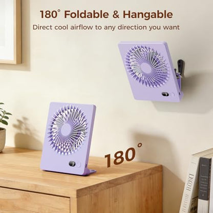 Zuvas Desk Fan Small Rechargeable Battery Table Fans for travel Ultra Quiet | 180° Tilt Folding, LED Dislay, Portable Fan Slim Design, 3 Speed Adjustable, for Office Bedroom Desktop, Cruise Essentials - color: Light Purple