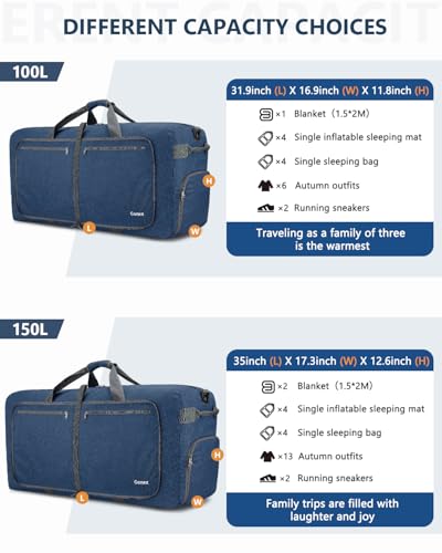 Gonex Large Foldable Travel Duffle Bag with Shoes Compartment, Packable Lightweight Water Repellent Duffel Bag for Camping Gym Weekender Bag - color: Dark Blue, size: 80L