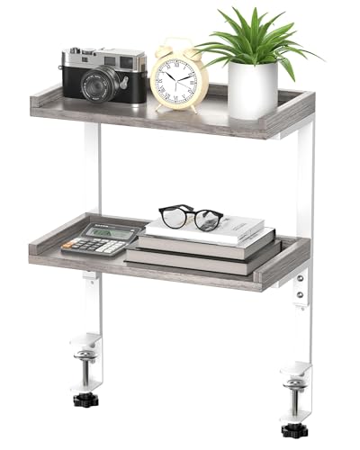 Clamp On Desk Shelf 2-Tier, Wood Shelving Unit for Office Desk/Gaming Accessories, Tabletop Book Storage Rack, Shelf for Top of Desk, Grey - color: 2-tier 12.5 Inches Grey