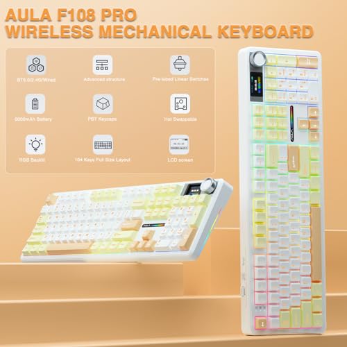 AULA F108 PRO - Wireless Mechanical Keyboard with Screen&Knob,Hot Swappable Gaming Keyboard with 8000mAh Battery,Pre-lubed Switches,RGB Backlit,PBT Keycaps Creamy Sounding Computer Keyboards,104 Keys - color: Mocha Mousse
