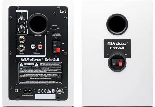 PreSonus Eris 3.5 Studio Monitors (White), Pair — 3.5" Inch Powered Bookshelf Speakers, Stereo, Desktop Computer, Near Field Music Production, Audio Mixing Recording | 50W Class-Ab, 3.5 Woven Woofer, 1 Silk-Dome Tweeter, 80-20khz, Trs and Rca/1/8 Inputs,