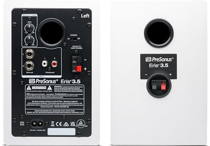 PreSonus Eris 3.5 Studio Monitors (White), Pair — 3.5" Inch Powered Bookshelf Speakers, Stereo, Desktop Computer, Near Field Music Production, Audio Mixing Recording | 50W Class-Ab, 3.5 Woven Woofer, 1 Silk-Dome Tweeter, 80-20khz, Trs and Rca/1/8 Inputs,