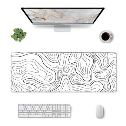 Large Gaming Mouse Pad Desk Mat, White Topographic Contour Extended Keyboard Mouse Pad Mousepad with Non-Slip Base and Stitched Edge Mouse Mat Desk Pad Mouse Pads for Desk Home Office, 31.5 x 11.8 - color: Topographic Contour White