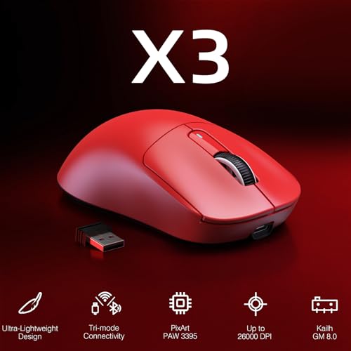 ATTACK SHARK X3 Wireless Gaming Mouse, 49g Ergonomic Computer Mouse, Triple Modes PAW3395 26K DPI Optical Sensor, 200h Battery Life, Programmable Buttons, Gaming Accessories for PC/Laptop/Mac (Red) - color: Red