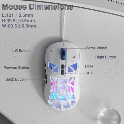 SOLAKAKA SM901 Gaming Mouse,13800DPI RGB Mouse with Programmable Buttons,53g Lightweight Wired Mouses for Gamer,White - color: white, size: SM901