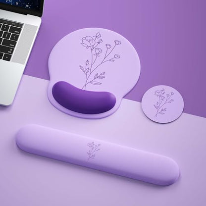 Mouse Pad with Keyboard Wrist Rest,Ergonomic Mouse Pad Wrist Support PU Base with Coaster,Mousepad with Nonslip Base for Computer Laptop Keyboard Home&Office - color: N-Purple Plants