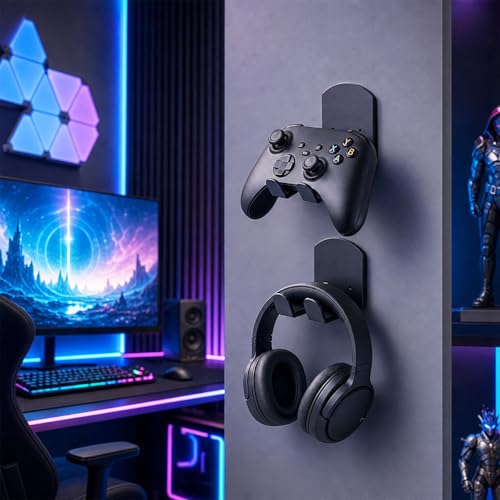 4 Pack Wall Mount Headphone Holder with Foldable Controller Hanger, Metal Gaming Headset Hook for Desk Side or Wall, Space Saving Gamepad Organizer for Home Setup