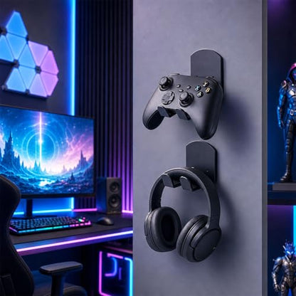 4 Pack Wall Mount Headphone Holder with Foldable Controller Hanger, Metal Gaming Headset Hook for Desk Side or Wall, Space Saving Gamepad Organizer for Home Setup
