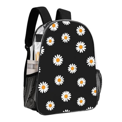Stadium Approved Clear PVC Backpack Reinforced Straps | Water Resistant, Daisy Black, Stadium Approved, Transparent Beach Bag, with Mesh Side Storage Pockets - color: Pattern (510)