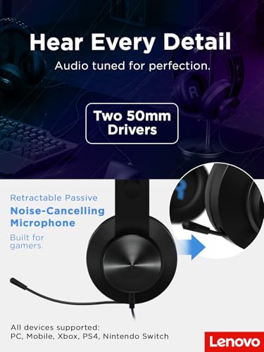 Lenovo Legion H300 Stereo Gaming Headset, Noise-Cancelling Mic, Memory Foam & PU Leather Earcups, Stainless Steel Headband, PC, PS4, Xbox One, Nintendo Switch, Mac, GXD0T69863, Black - style: H300