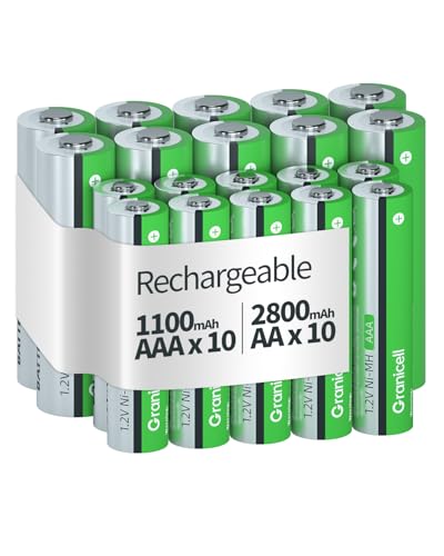 Granicell 20 Sets NiMH 10 Pack AA & 10 Pack AAA Rechargeable Batteries | 1.2V for Blink Cameras, Smart Locks Alarms & Tech Devices|10-Year Life Leak-Proof, Extreme-Temp Resistant - size: AA&AAA-10