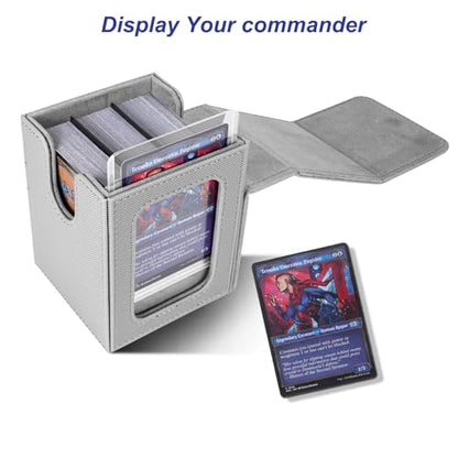 AFIING MTG Deck Box for Commander Display,Card Deck Box Fits 100 Double Sleeved Cards, Magic Commander TCG Card Storage Box with 2 Dividers,Drawstring Bag and 1 Toploader(Silver/grey) - color: Commander Silver Grey