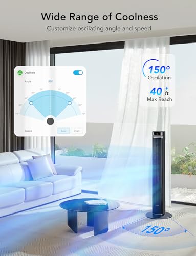 GoveeLife 42 in. Tower Fan, 150 Deg Oscillation, 5 Modes 12 Speeds, Black - color: Black