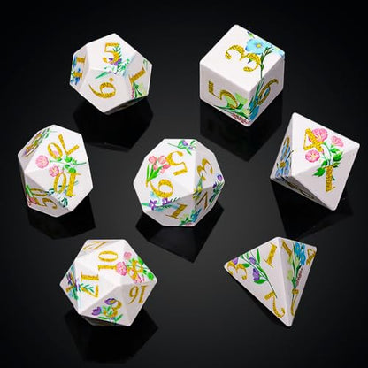 DND Dice Set, 7PCS UV Printed Sharp Edge Acrylic Dice with Metal Box, Lightweight Durable Design for Dungeons & Dragons, Floral Fantasy Theme