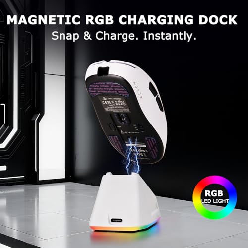 AJ159P MC Wireless Gaming Mouse, 12000 DPI, Tri-Mode 2.4G/Bluetooth/Wired, Magnetic RGB Charging Dock, 56g Ultra-Light, Programmable 6 Buttons - Perfect for Gaming, Work & Travel (White) - color: White