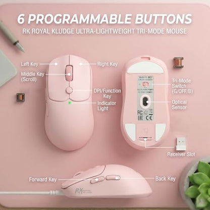 RK ROYAL KLUDGE MO1 Wireless Mouse, 55g Ultra-Lightweight Computer Mice, 6 Programmable Buttons, 2.4GHz/Bluetooth/Wired, 6000 DPI Optical Sensor, Pink - color: Pink
