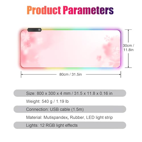 RGB Large Gaming Mouse Pad, Extended Mouse Pad with 12 Lighting Effects, Water Proof Mutispandex Surface, Non-Slip Rubber Base, 80x30 cm / 31.5×11.8 in (Sakura) - color: Sakura