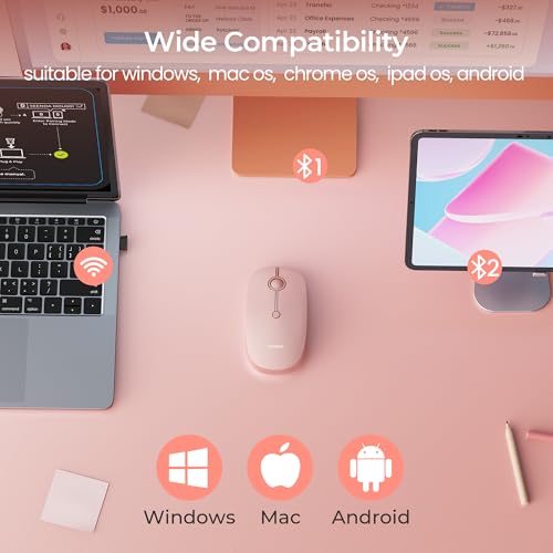 seenda MOU001 Bluetooth Wireless Mouse for Laptop,Slim Computer Mice,Pink | Rechargeable Computer mouse with USB and dual Bluetooth, 3-level DPI and quiet clicks for Windows, Macbook, iPad and Travel. - color: pink