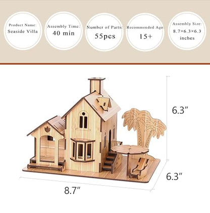 3D Puzzles for Adults, Log Cabin DIY Wooden House Model Kits for Adults to Build, Country Cottage Building Model, 3D Jigsaw Brain Teaser Puzzle, Dollhouse (Seaside Villa)