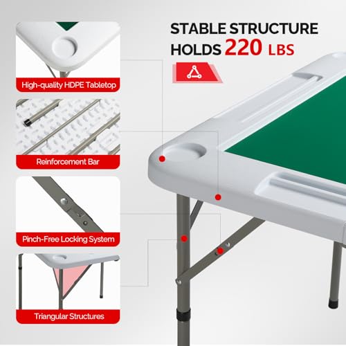PEXMOR 34" Foldable Mahjong Table Portable, 4 Player Card Game Table w/Cup Holders & Chip Grooves, Tabletop Foldable, Poker Board Game Domino Table for Blackjack, Texas Hold'em (White) - color: White
