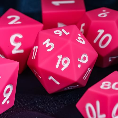 7-Piece Jumbo Silicone DND Dice Set, 25mm Oversized D&D Dice | Round Edges Soft Perfect Bouncer Compatible with Dungeons and Dragons RPG Bar Pub Club Party Games - color: Pink W/White Numbers