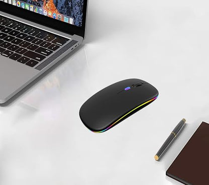 WREANU Wireless Bluetooth Mouse Rechargeable Laptop Mice with LED Lights Silent Slim Use(BT5.2 and 2.4G Portable USB) Dual Mode Computer Mouse for Laptop/iPad/Tablet/Apple/Computer/Mac (Black) - color: Black