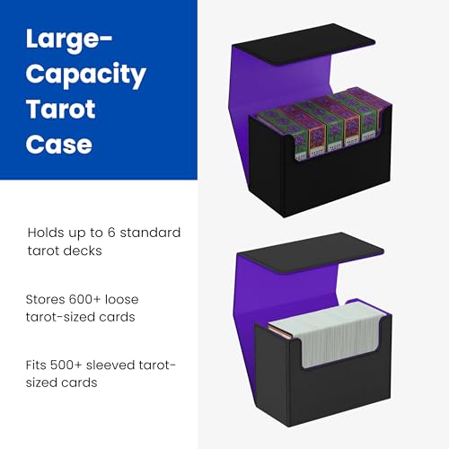 Tarot Card Storage Box – PU Leather Deck Organizer with Purple Interior & Magnetic Closure – Holds 4 Tarot Card Cases or 400+ Tarot Cards – Black Exterior – 10.5×14.5×23.5 cm /4.1×5.7×9.3in