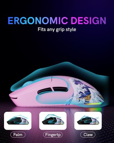 G57 Wireless Gaming Mouse, 8000 DPI, 80g, 2.4G/Bluetooth/USB-C Rechargeable Wireless Mouse with 5 Programmable Buttons for PC/Mac, Pink - color: Pink