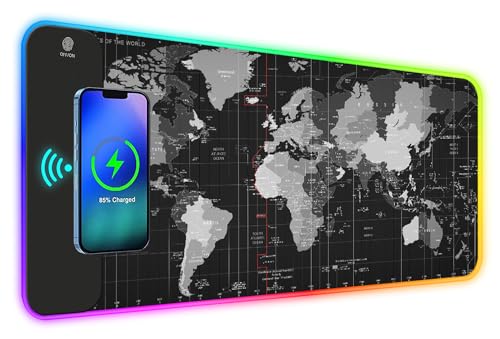 ToLuLu RGB Gaming Wireless Charging Mouse Pad, 5/7.5/10/15W LED Mouse Pad | 10 Light Modes Computer Keyboard Mat Mousepad, 800x300x4MM Extended Large Desk Mat for Gaming, MacBook, Laptop, PC, World Map - color: World Map