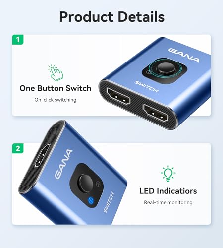 HDMI Switch 4k@60hz Splitter, GANA Aluminum Bidirectional HDMI Switcher 2 in 1 Out, Manual HDMI Hub Supports HD Compatible with Xbox PS5/4/3 Blu-Ray Player Fire Stick Roku - color: Midnight Blue (No Cable)