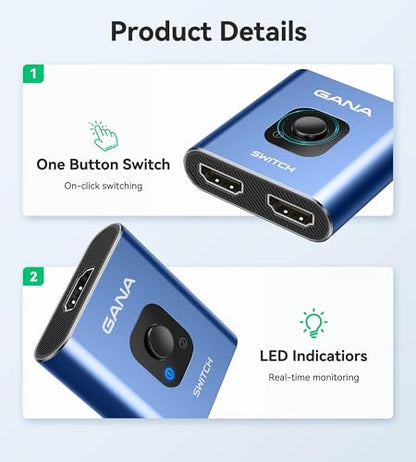 HDMI Switch 4k@60hz Splitter, GANA Aluminum Bidirectional HDMI Switcher 2 in 1 Out, Manual HDMI Hub Supports HD Compatible with Xbox PS5/4/3 Blu-Ray Player Fire Stick Roku - color: Midnight Blue (No Cable)