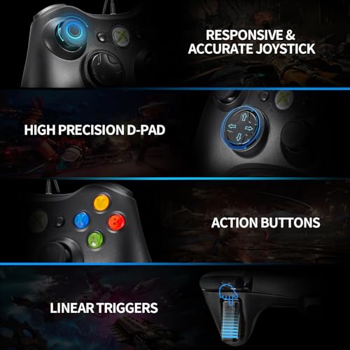 NBCP Wired Controller – Compatible with Xbox 360, Xbox 360 Slim & PC Windows 7/8/10, with Dual Vibration Feedback, Ergonomic Design for Gaming - color: Black for Xbox 360